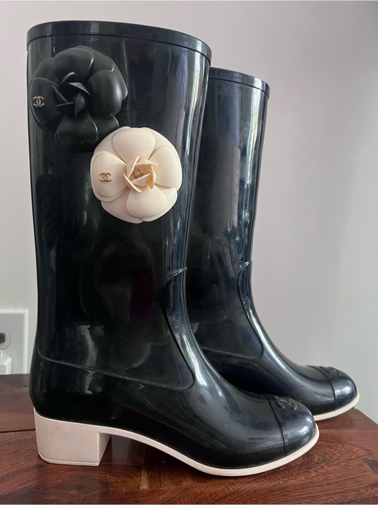 CHANEL Shoes - Women's Black Rain Boots with Cream and Black Camellias